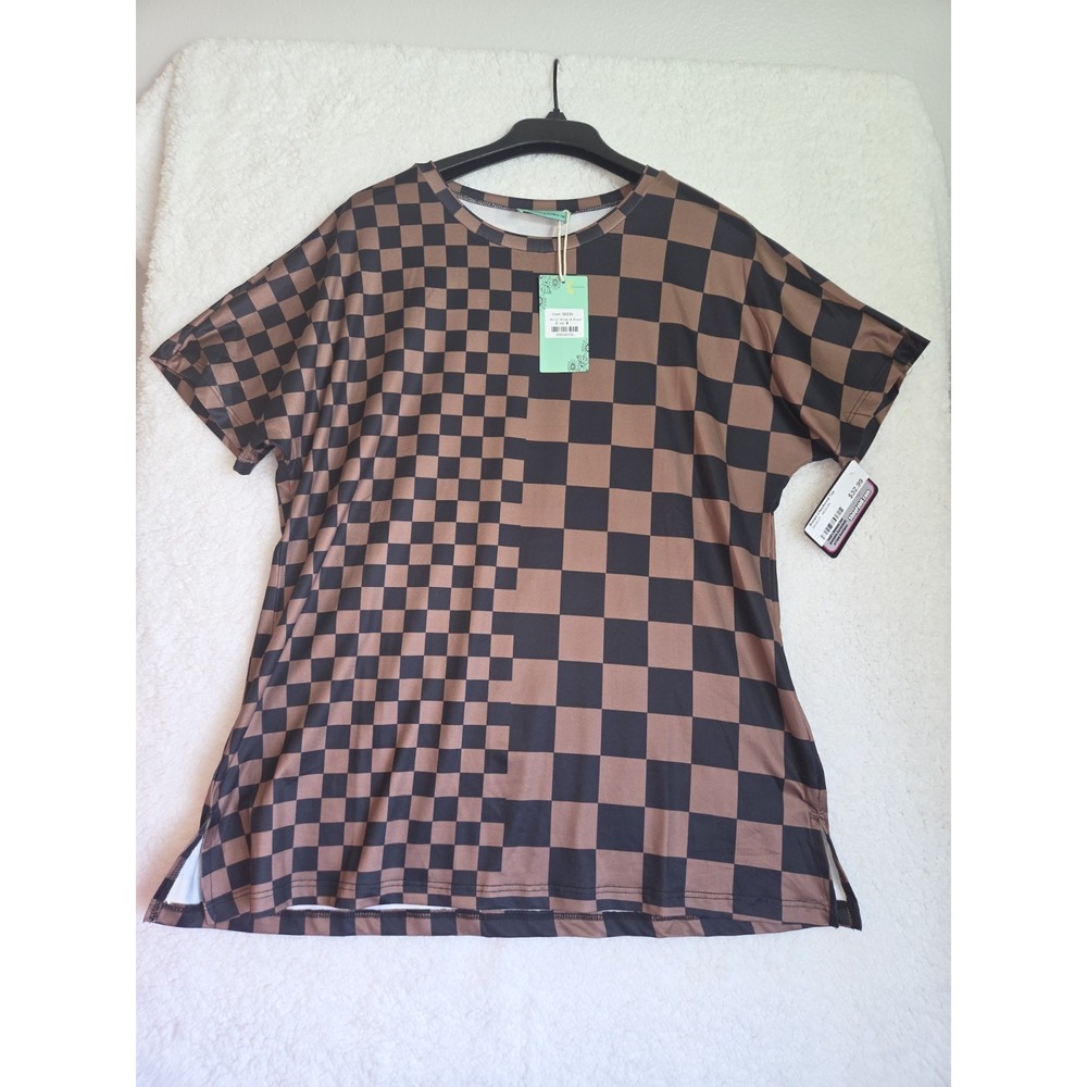 Sunshine & Rodeos Women's Brown Black Checkered Top Size M NWT Stretchy